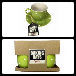 Spode Baking Days Set of 4 Cups Saucers Green White Polka Dot Box Mug NEW